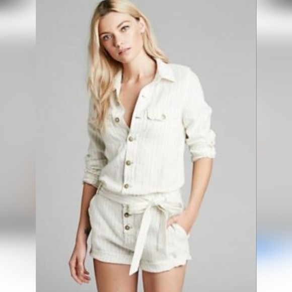 Free People White Pinstripe Button Down Long Sleeve Short Belted Romper XS - Picture 1 of 11